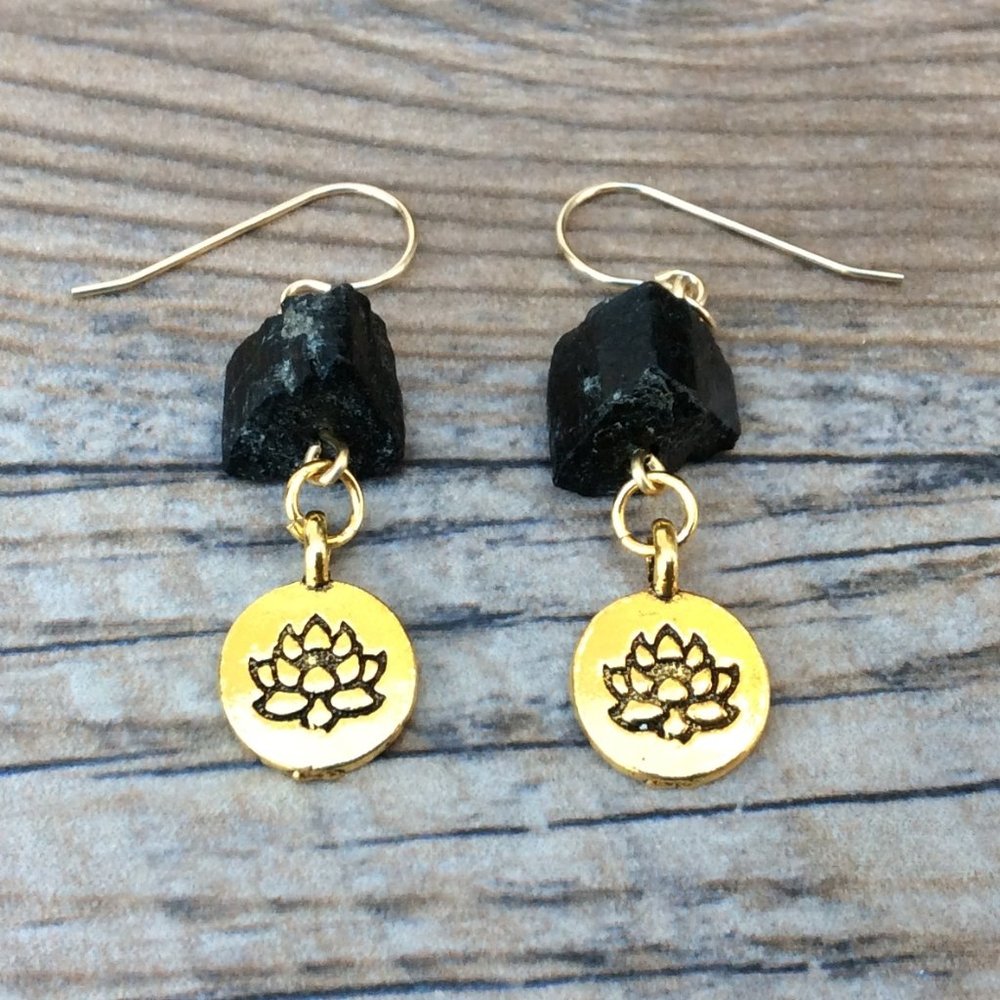 Raw Black Tourmaline earrings, Lotus charm earrings , healing jewelry